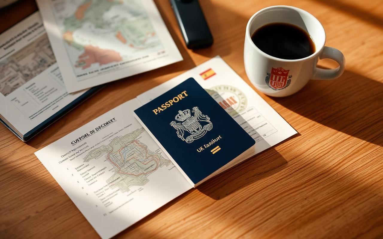 UK passport and Spanish residency paperwork on a wooden desk