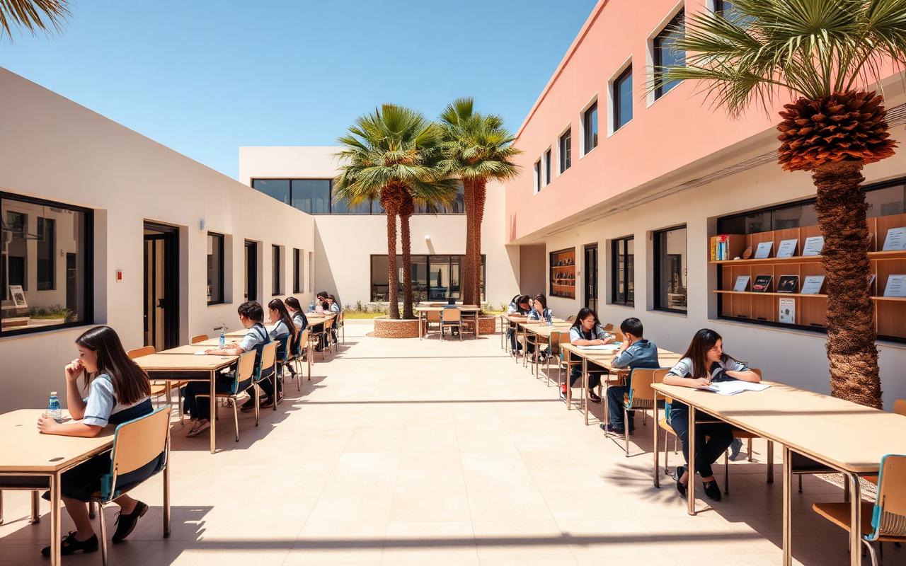 Modern international school campus in Spain with palm trees